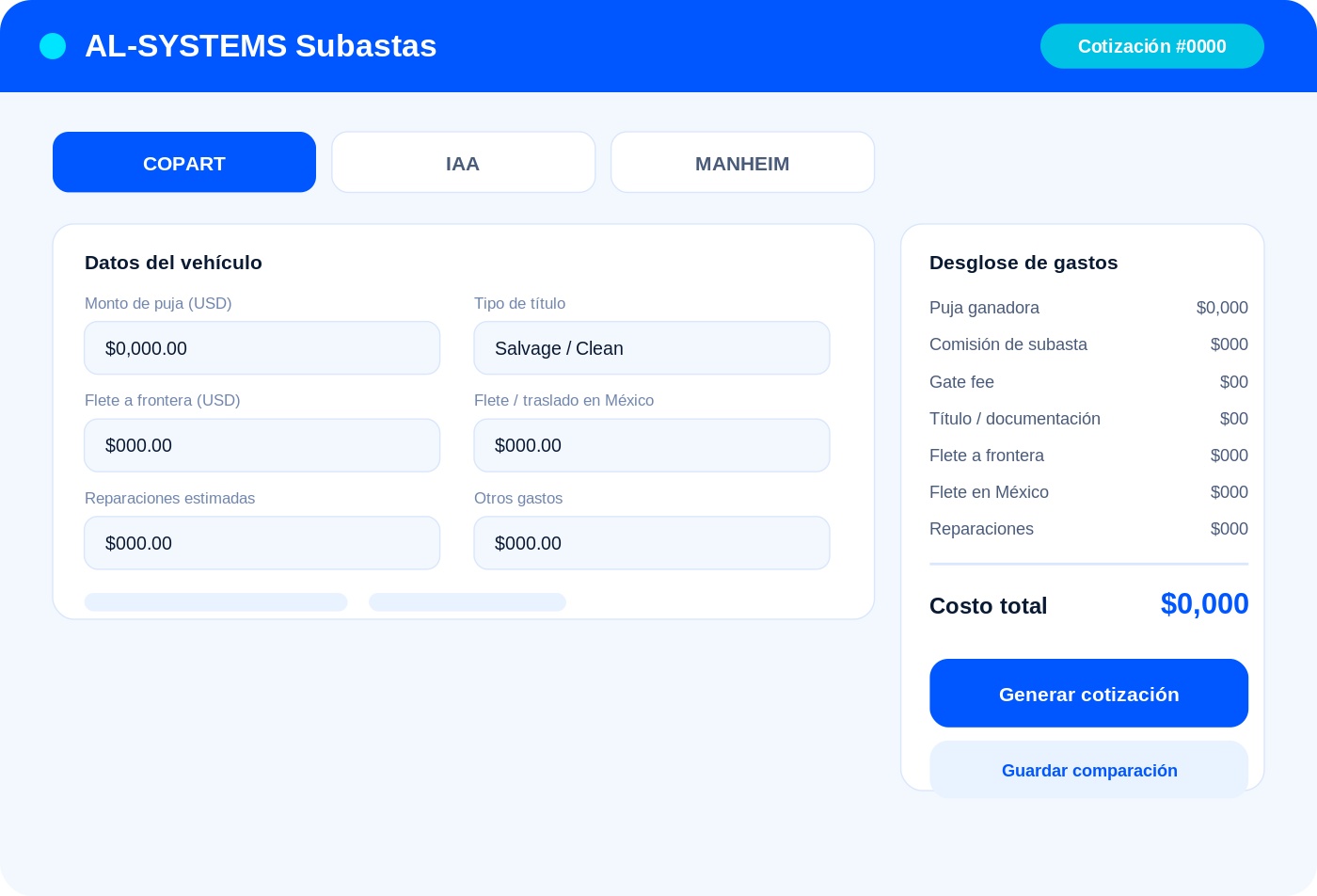Muestra de calculadora de costos de subasta